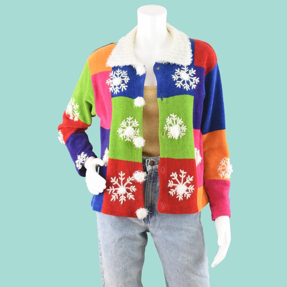Vintage Snowflake Colorblock Christmas Cardigan, Women's Medium - Large